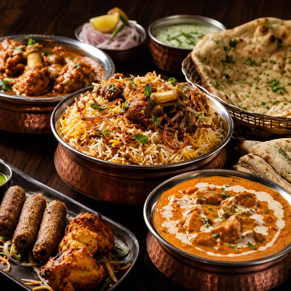 North Indian spread — mutton biryani, butter chicken, seekh kebabs, tandoori chicken and garlic naan
